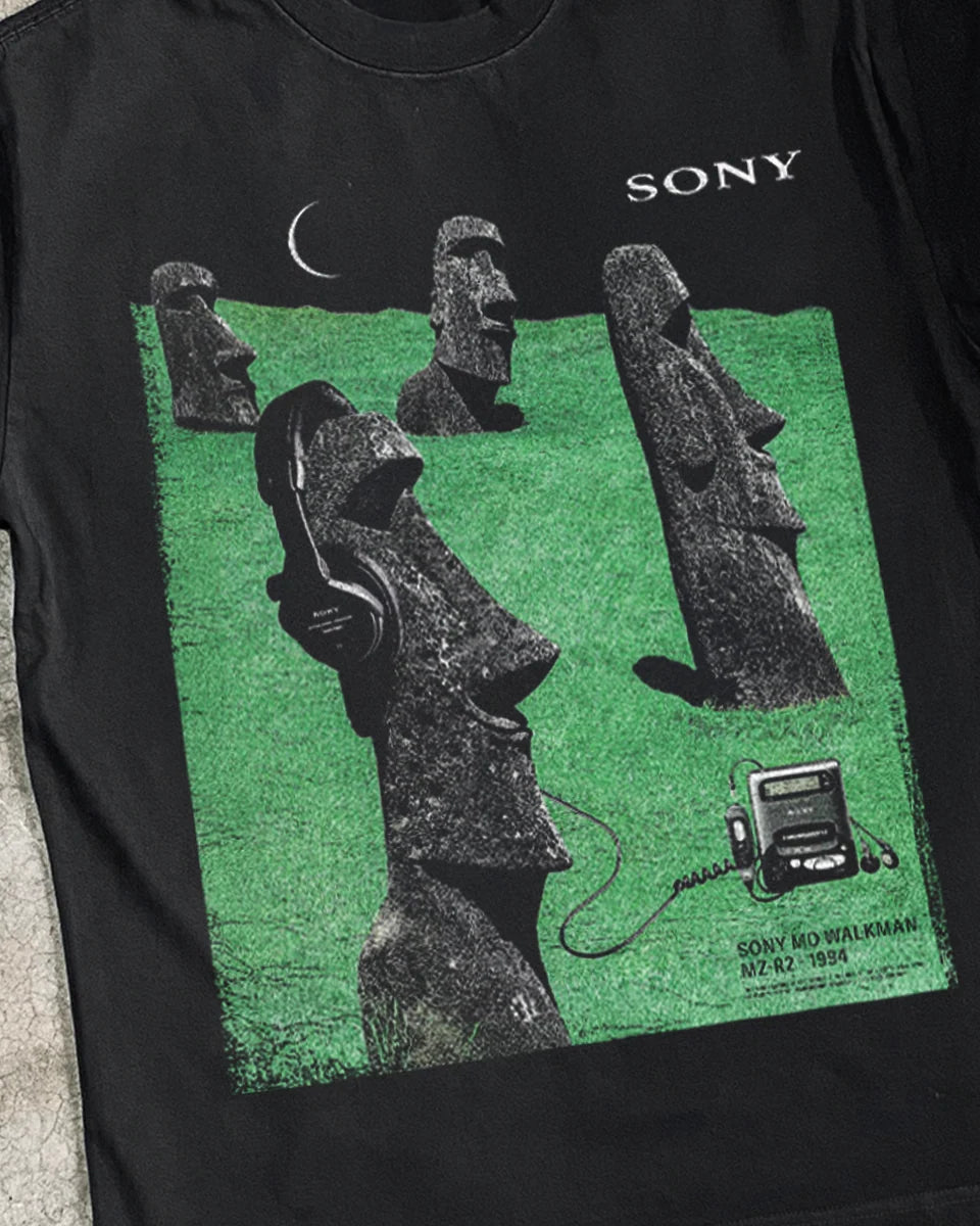 1994 Sony 'Easter Island' Walkman Md Heavy Faded Black Tee