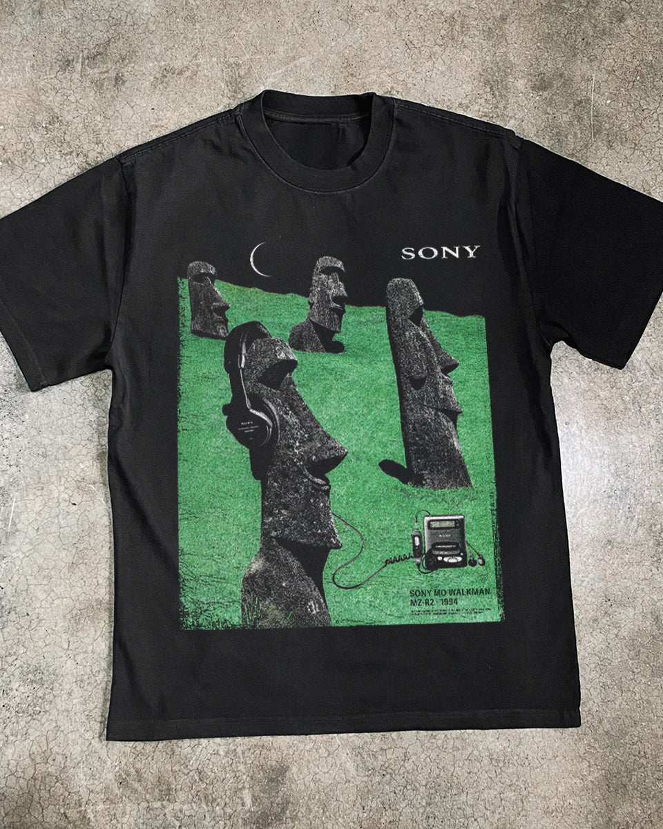 1994 Sony 'Easter Island' Walkman Md Heavy Faded Black Tee